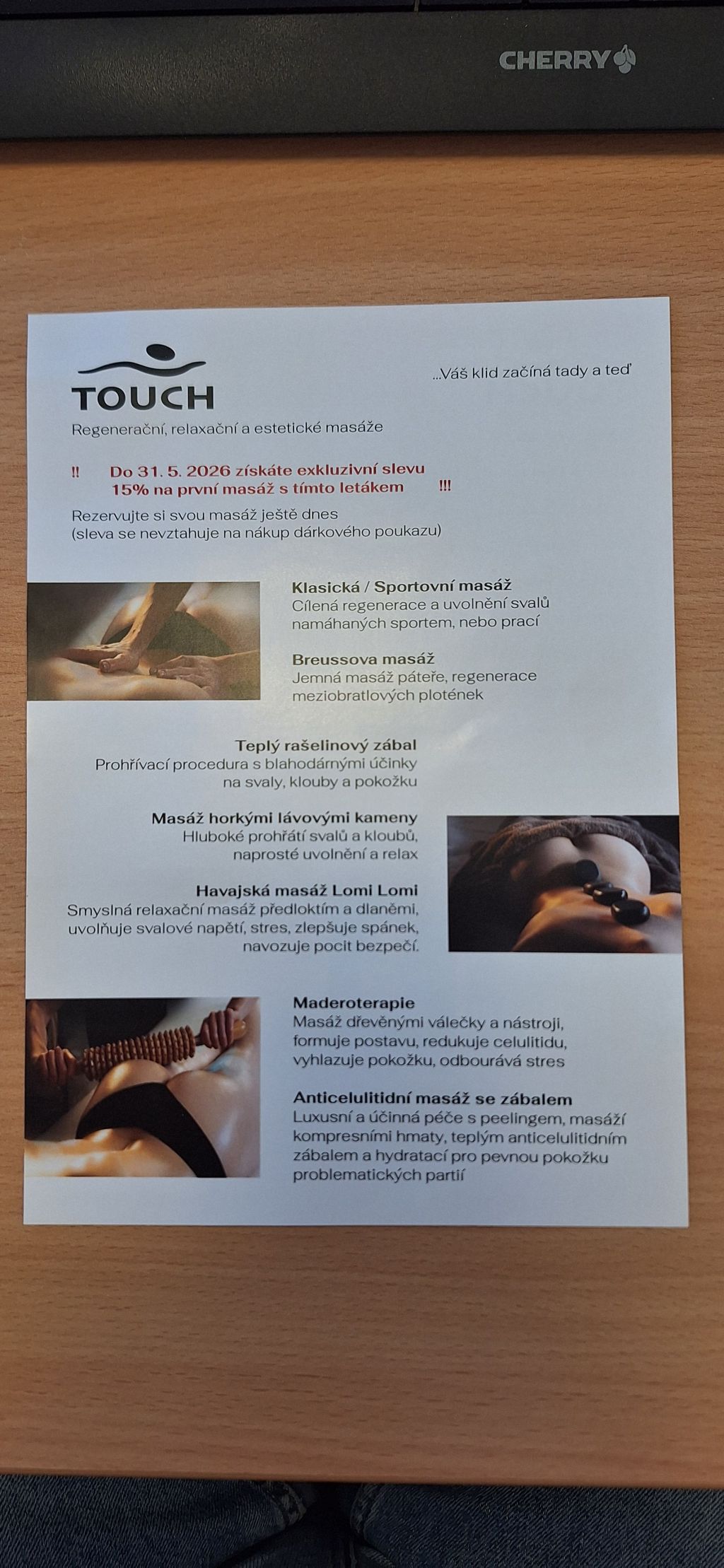 Letáček Masáže TOUCH - uvítací sleva 15%